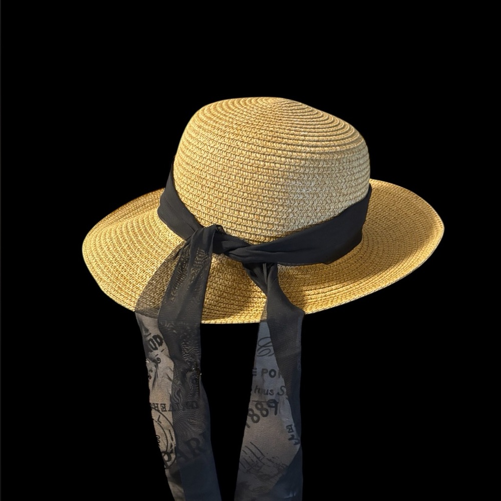 🌟La Vie En Rose Tan and Black Straw Hat with Elegant Ribbon - Picture 2 of 11
